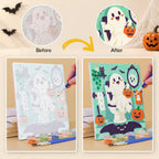 What's included without a frame: six rolled Haunted Bathroom Break mini canvases, acrylic paints, three brushes and layout