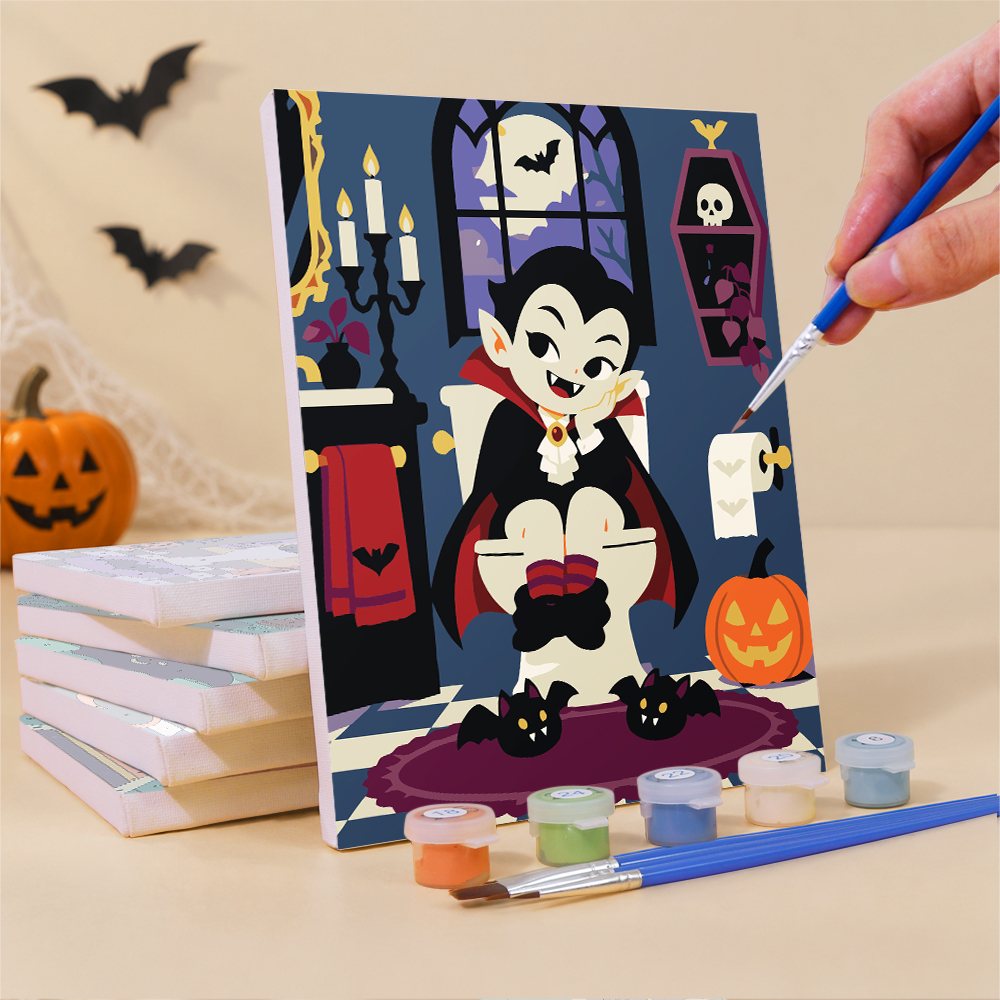What's included pre-stretched on frame: six framed Haunted Bathroom Break mini canvases, paints, three brushes, hangers and layout