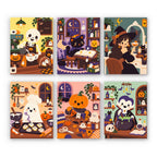 Haunted Cafe Crew mini paint by numbers set: six cozy haunted cafe scenes with a skeleton barista, black cat, witch, ghost baker, pumpkin crafter and vampire