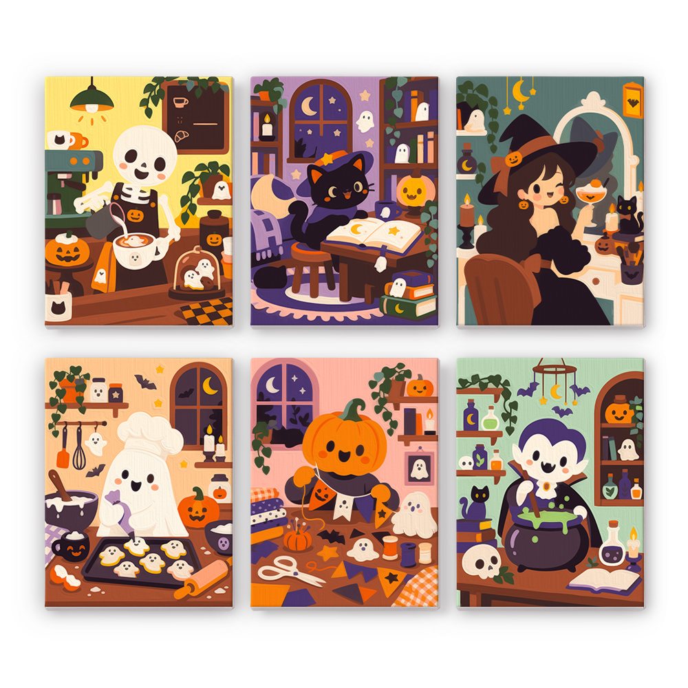 Haunted Cafe Crew mini paint by numbers set: six cozy haunted cafe scenes with a skeleton barista, black cat, witch, ghost baker, pumpkin crafter and vampire