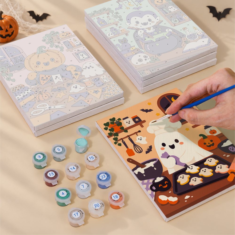 Haunted Cafe Crew mini canvas shown rolled without a frame and pre-stretched on a frame