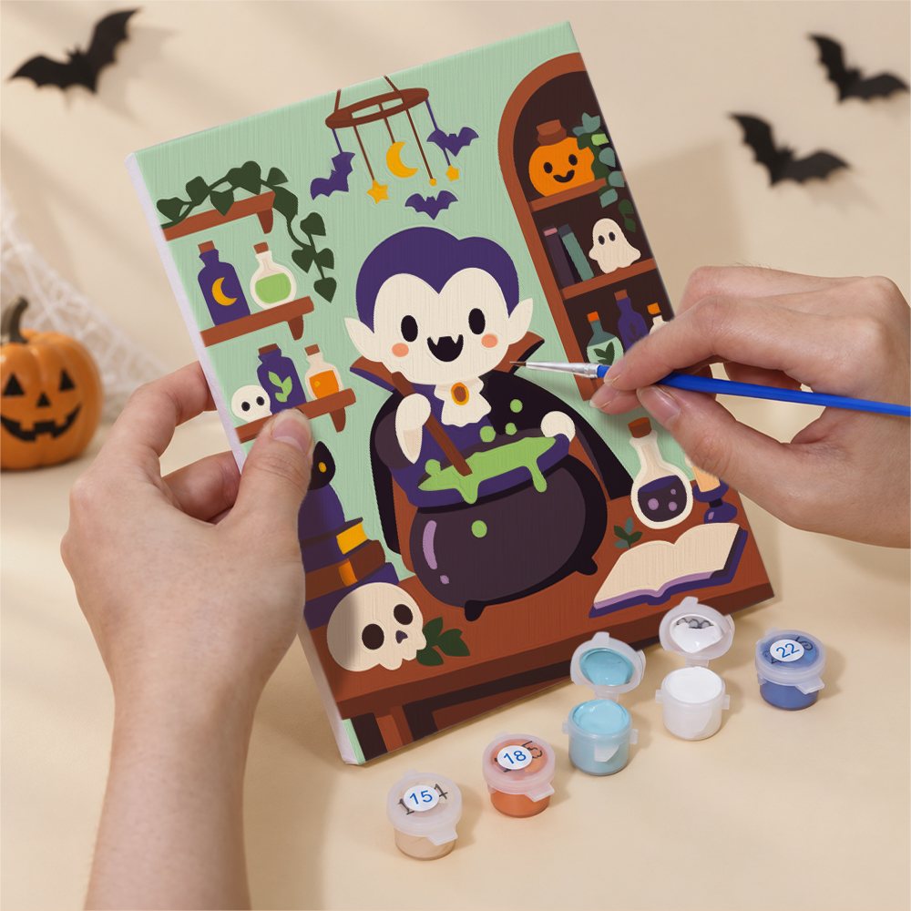 Numbered paint pots and brushes on a pre-stretched Haunted Cafe Crew mini canvas
