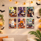 Before and after of a Haunted Cafe Crew mini paint by numbers canvas