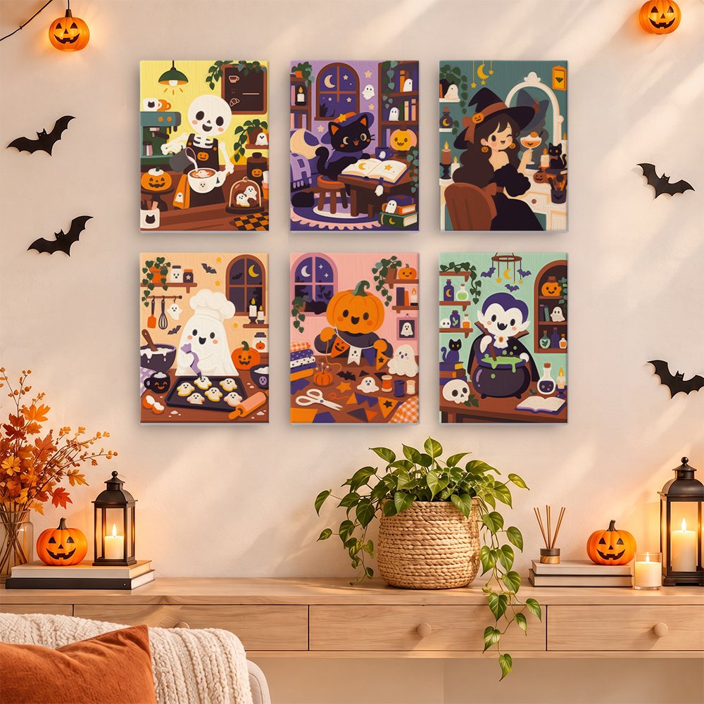 Painting a Haunted Cafe Crew mini canvas propped up beside numbered acrylic paints