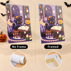 Six finished Haunted Cafe Crew mini paintings hung on a wall above a table
