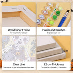 Haunted Cafe Crew mini paint by numbers kit with six numbered canvases, acrylic paints, brushes and layout