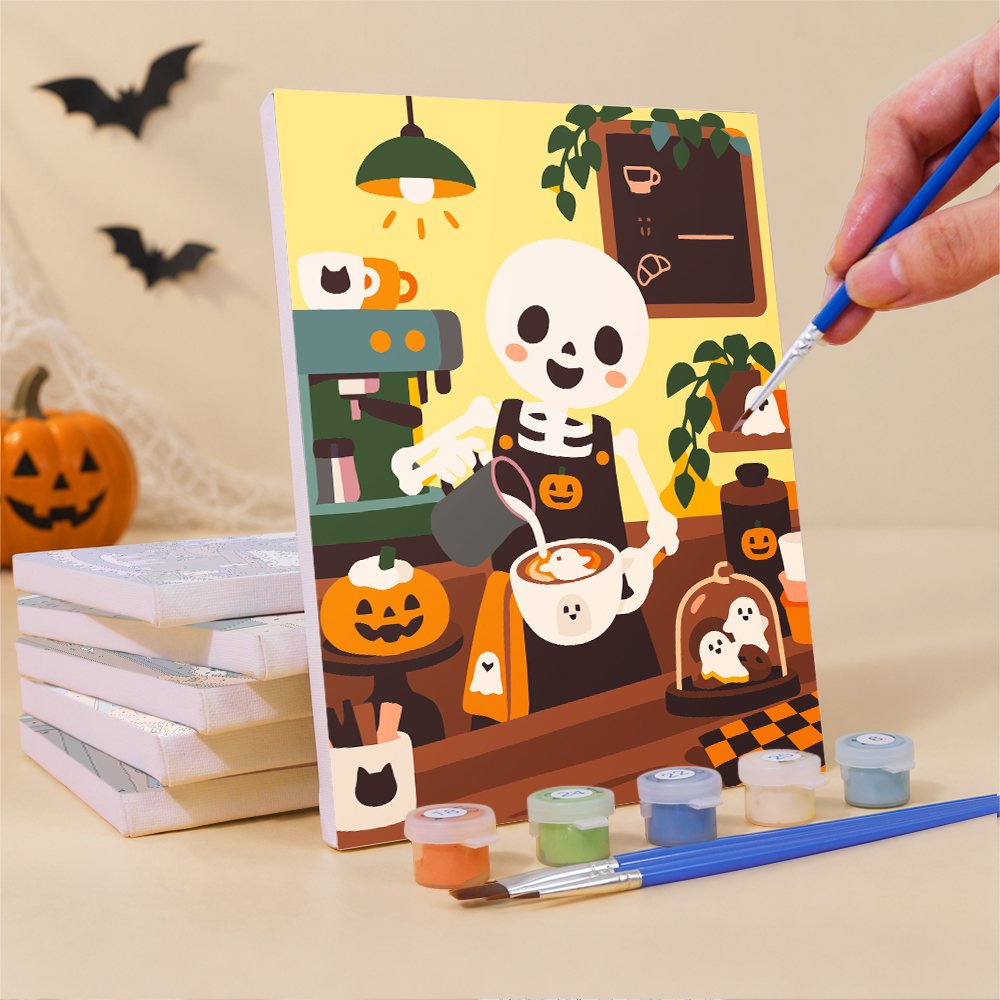 What's included pre-stretched on frame: six framed Haunted Cafe Crew mini canvases, paints, three brushes, hangers and layout
