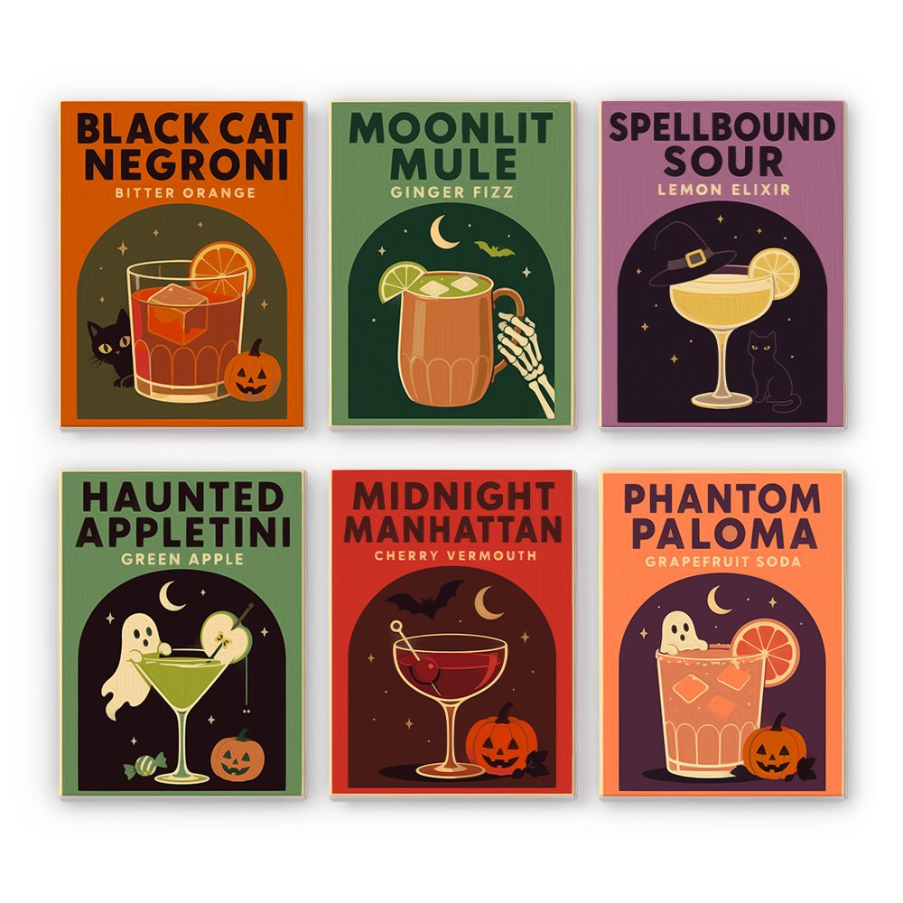 Haunted Happy Hour mini paint by numbers set: six retro Halloween cocktail posters with spooky drink names, glasses, cats, ghosts and skeleton hands