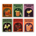 Haunted Happy Hour mini paint by numbers set: six retro Halloween cocktail posters with spooky drink names, glasses, cats, ghosts and skeleton hands