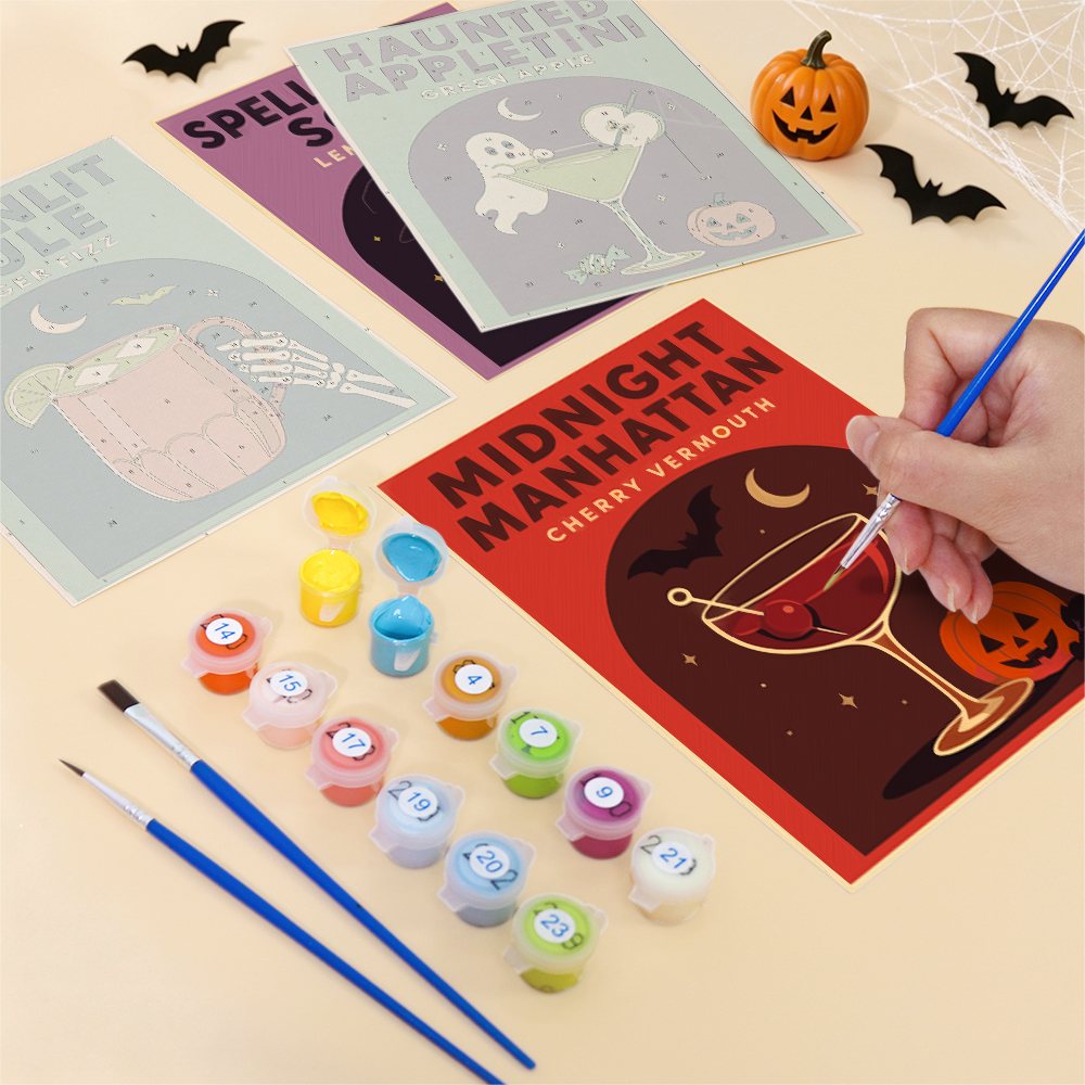 Filling in a Haunted Happy Hour mini canvas with numbered acrylic paints and a fine brush