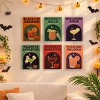 Six finished Haunted Happy Hour mini paintings hung on a wall above a table