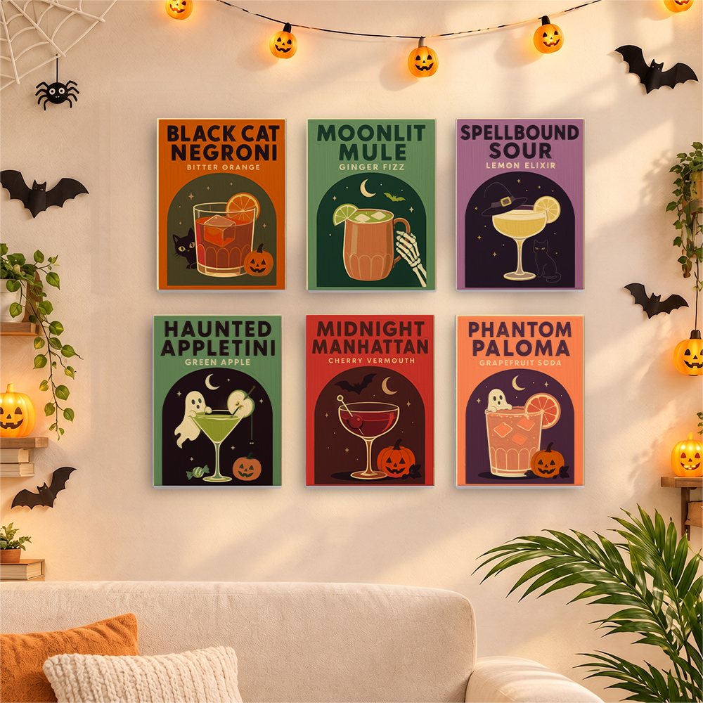 Six finished Haunted Happy Hour mini paintings hung on a wall above a table