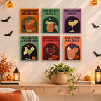 Haunted Happy Hour mini paintings displayed as a gallery wall in a sunny kitchen