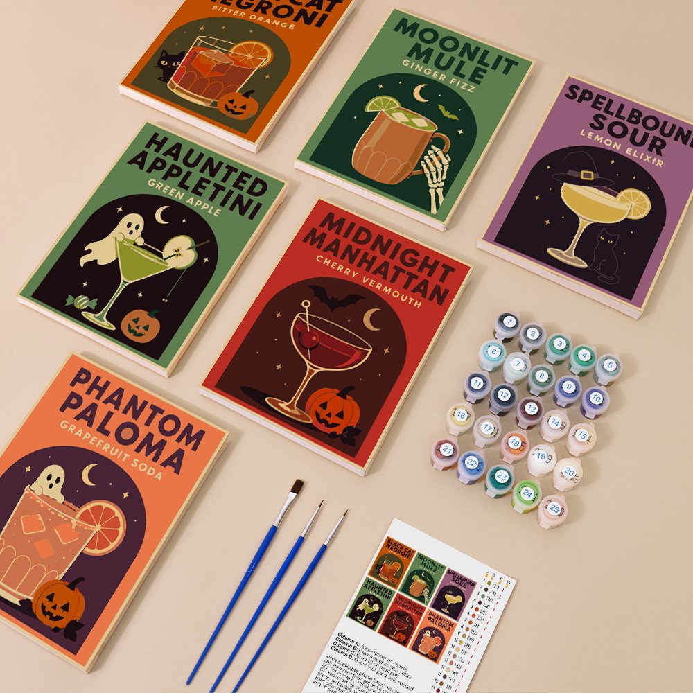 Haunted Happy Hour mini paint by numbers kit with six numbered canvases, acrylic paints, brushes and layout