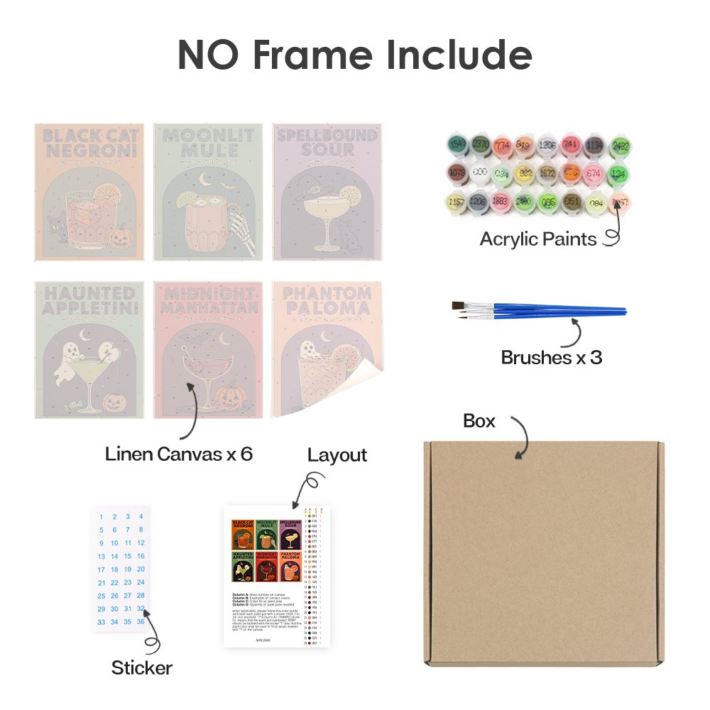 What's included without a frame: six rolled Haunted Happy Hour mini canvases, acrylic paints, three brushes and layout