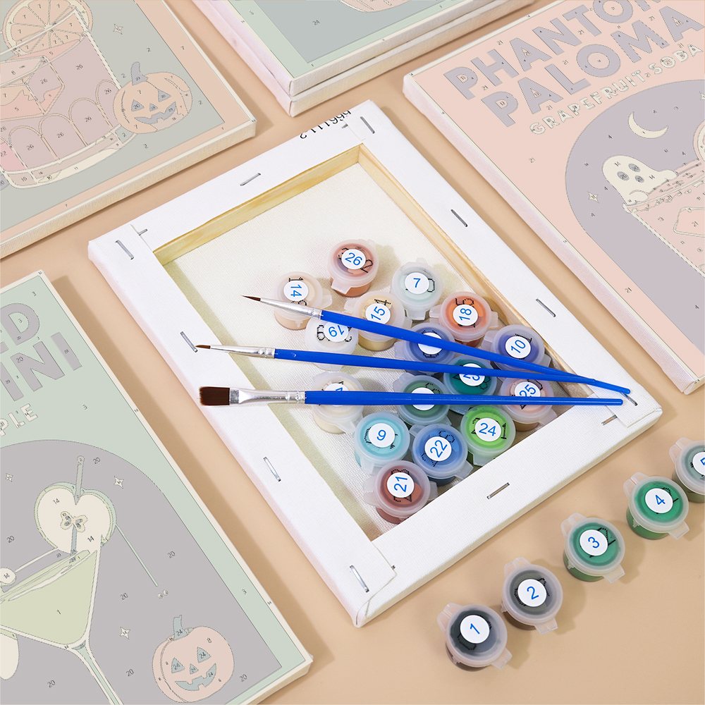 Numbered paint pots and brushes on a pre-stretched Haunted Happy Hour mini canvas