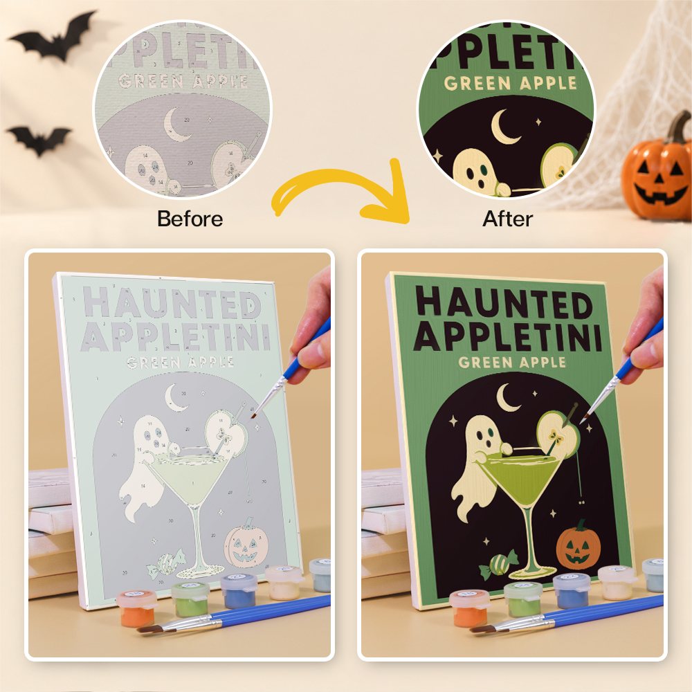 Before and after of a Haunted Happy Hour mini paint by numbers canvas