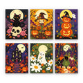 Haunted Harvest Nights mini paint by numbers set: six moonlit autumn Halloween scenes with a black cat, scarecrow, jack-o'-lanterns, haunted mansion, ghost and witch