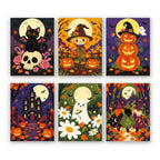 Haunted Harvest Nights mini paint by numbers set: six moonlit autumn Halloween scenes with a black cat, scarecrow, jack-o'-lanterns, haunted mansion, ghost and witch
