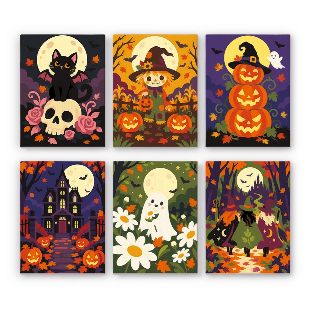 Haunted Harvest Nights mini paint by numbers set: six moonlit autumn Halloween scenes with a black cat, scarecrow, jack-o'-lanterns, haunted mansion, ghost and witch