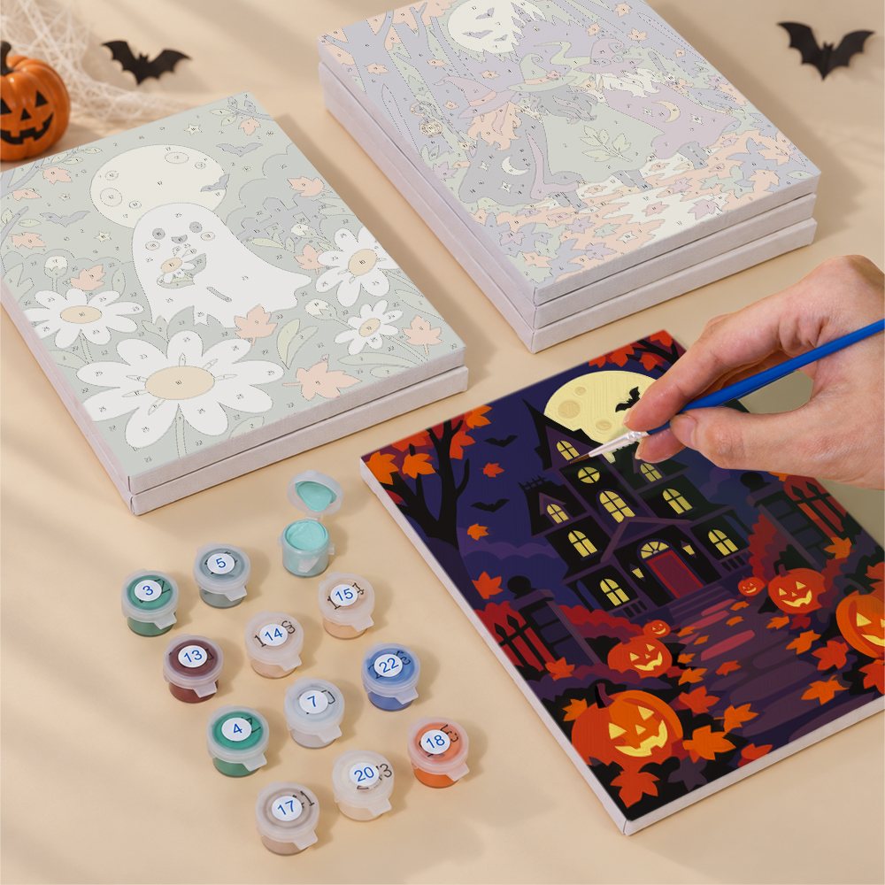 Haunted Harvest Nights mini canvas shown rolled without a frame and pre-stretched on a frame