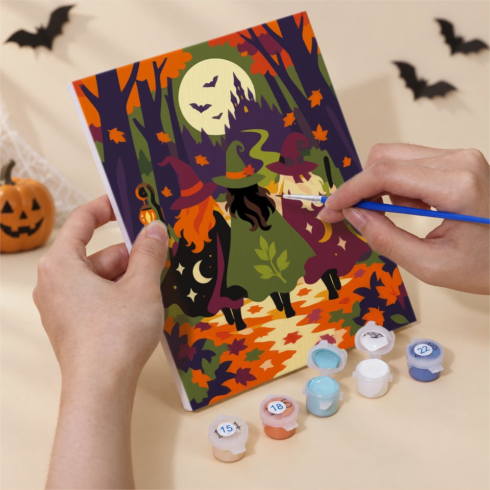 Numbered paint pots and brushes on a pre-stretched Haunted Harvest Nights mini canvas