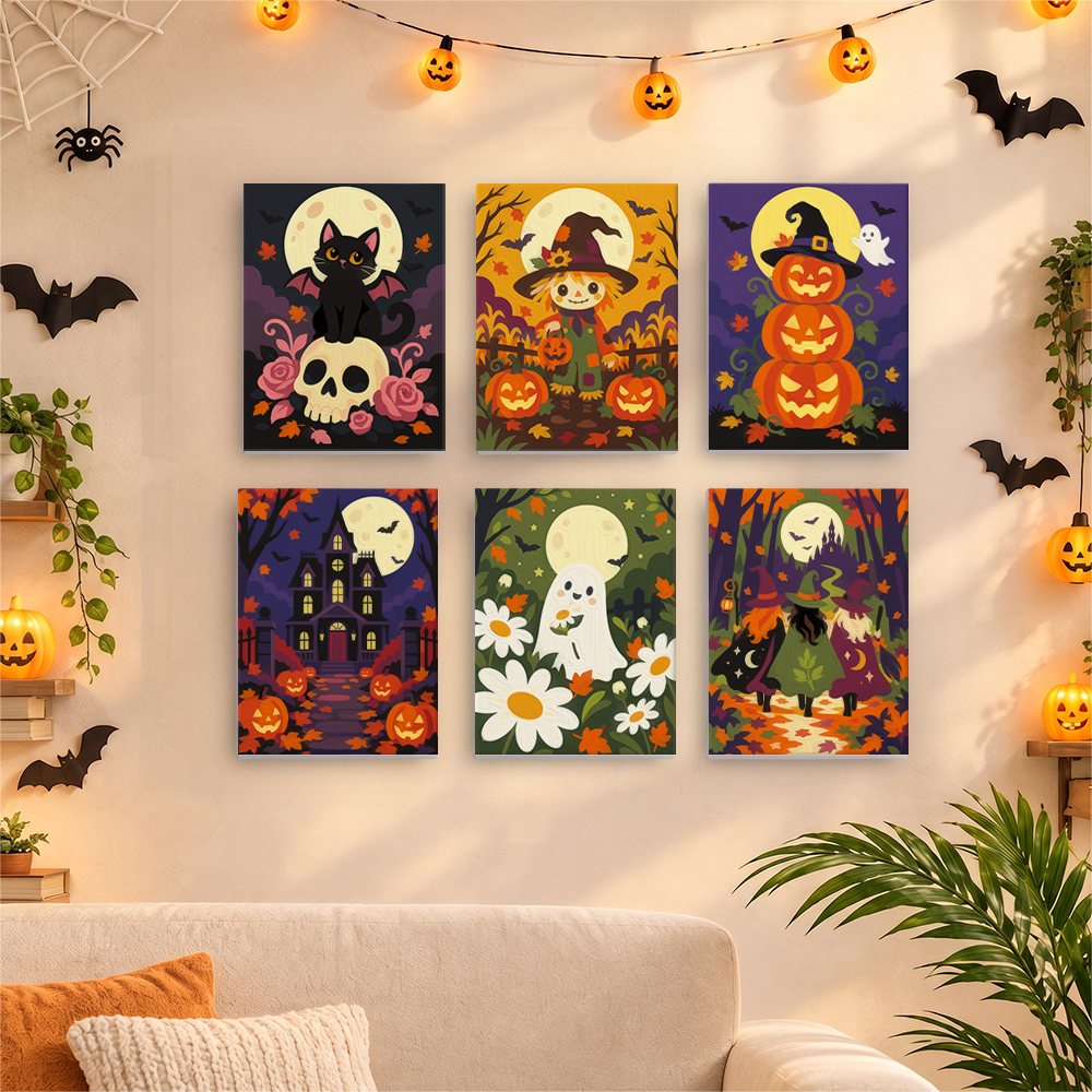 Before and after of a Haunted Harvest Nights mini paint by numbers canvas