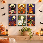Painting a Haunted Harvest Nights mini canvas propped up beside numbered acrylic paints