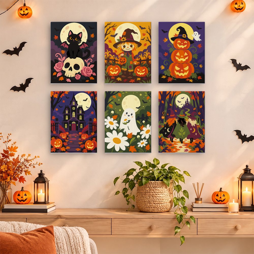 Painting a Haunted Harvest Nights mini canvas propped up beside numbered acrylic paints