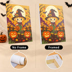 Six finished Haunted Harvest Nights mini paintings hung on a wall above a table