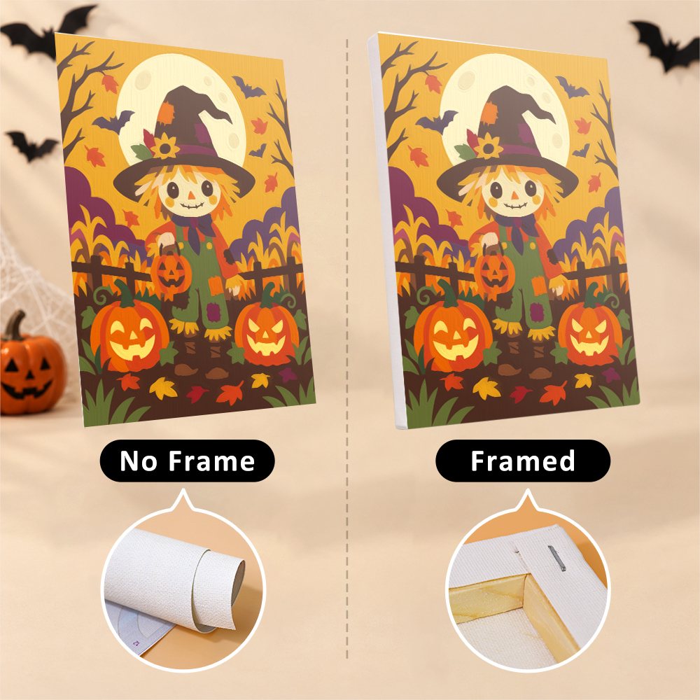 Six finished Haunted Harvest Nights mini paintings hung on a wall above a table
