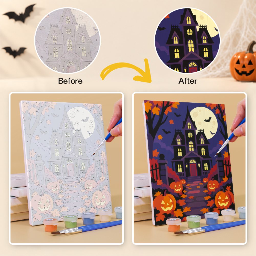 What's included without a frame: six rolled Haunted Harvest Nights mini canvases, acrylic paints, three brushes and layout