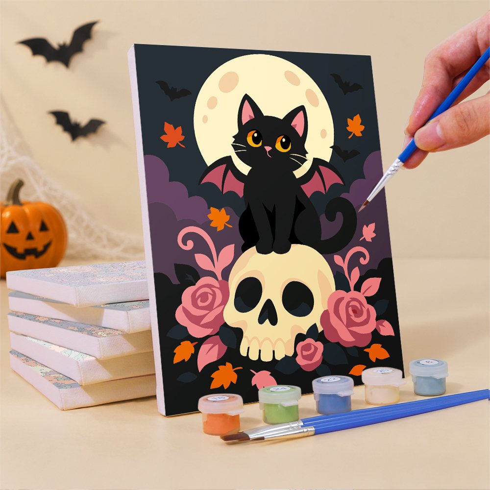What's included pre-stretched on frame: six framed Haunted Harvest Nights mini canvases, paints, three brushes, hangers and layout