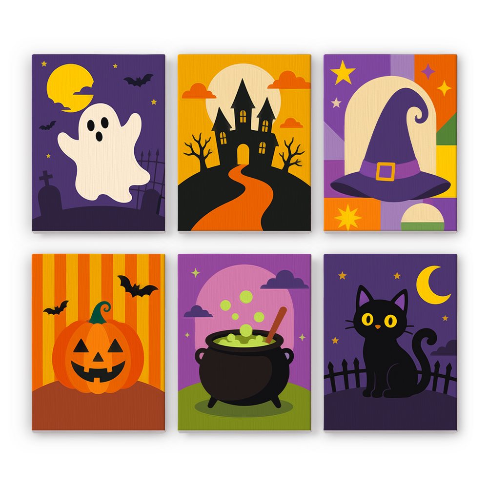 Haunted Night Icons mini paint by numbers set: six bold Halloween icons, including a ghost, a haunted house, a witch hat, a jack-o'-lantern, a cauldron and a black cat