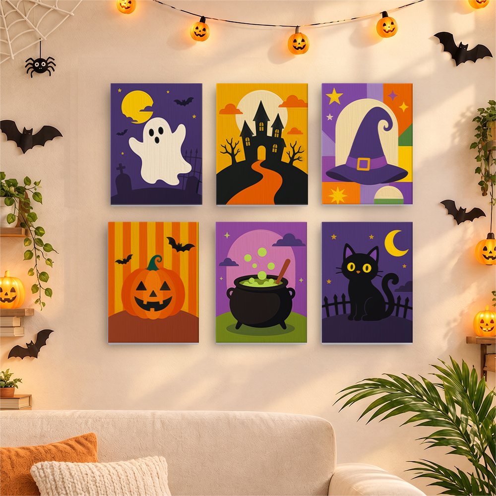 Six finished Haunted Night Icons mini paintings hung on a wall above a table
