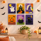 Haunted Night Icons mini paintings displayed as a gallery wall in a sunny kitchen