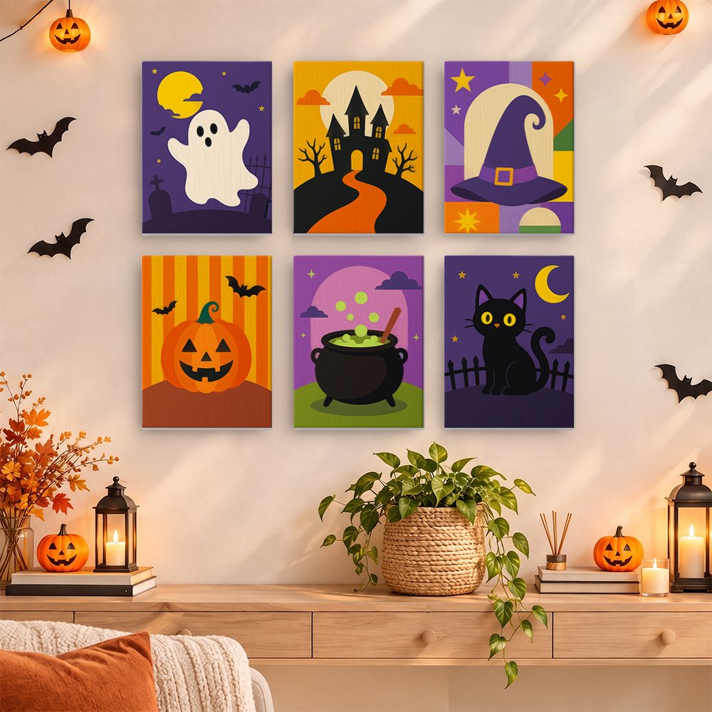 Haunted Night Icons mini paintings displayed as a gallery wall in a sunny kitchen