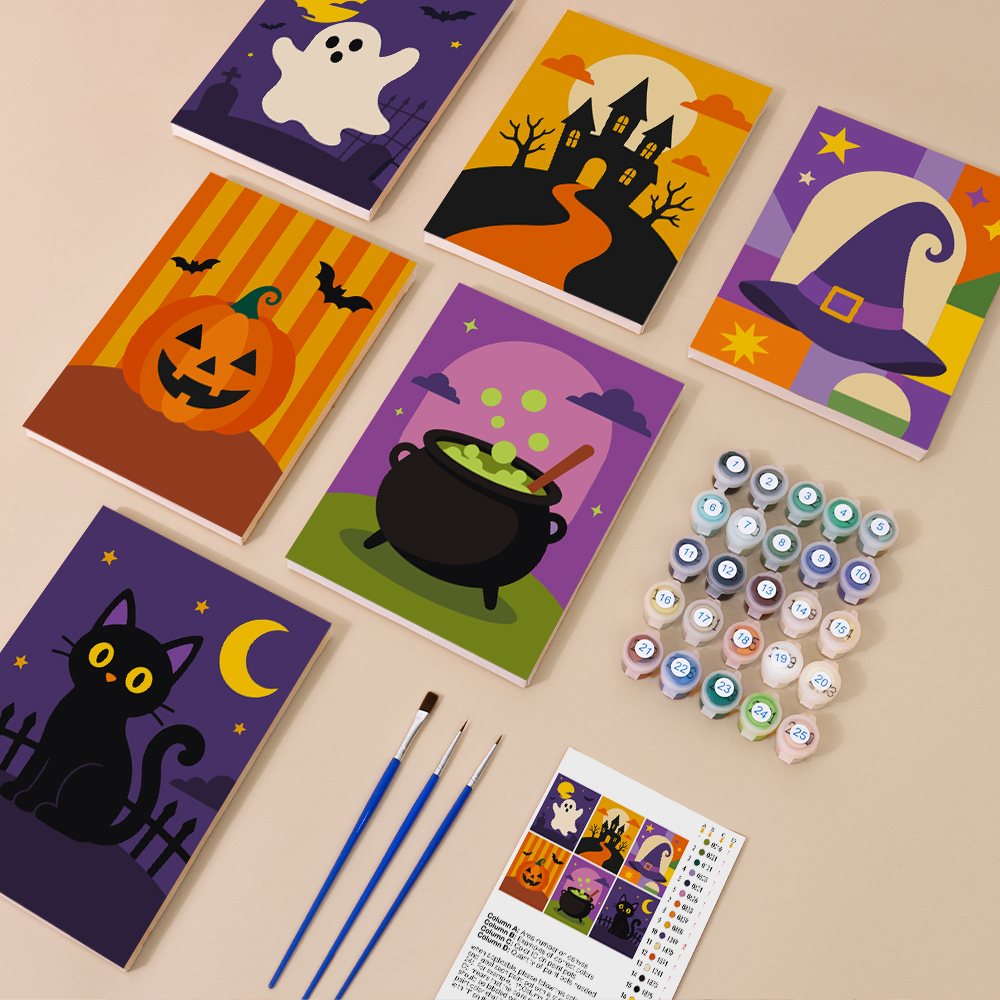 Haunted Night Icons mini paint by numbers kit with six numbered canvases, acrylic paints, brushes and layout