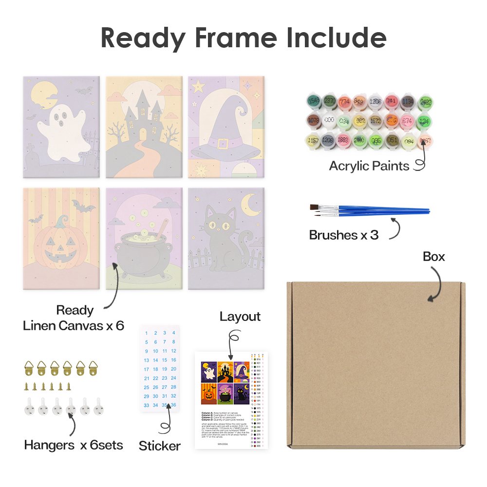 What's included pre-stretched on frame: six framed Haunted Night Icons mini canvases, paints, three brushes, hangers and layout