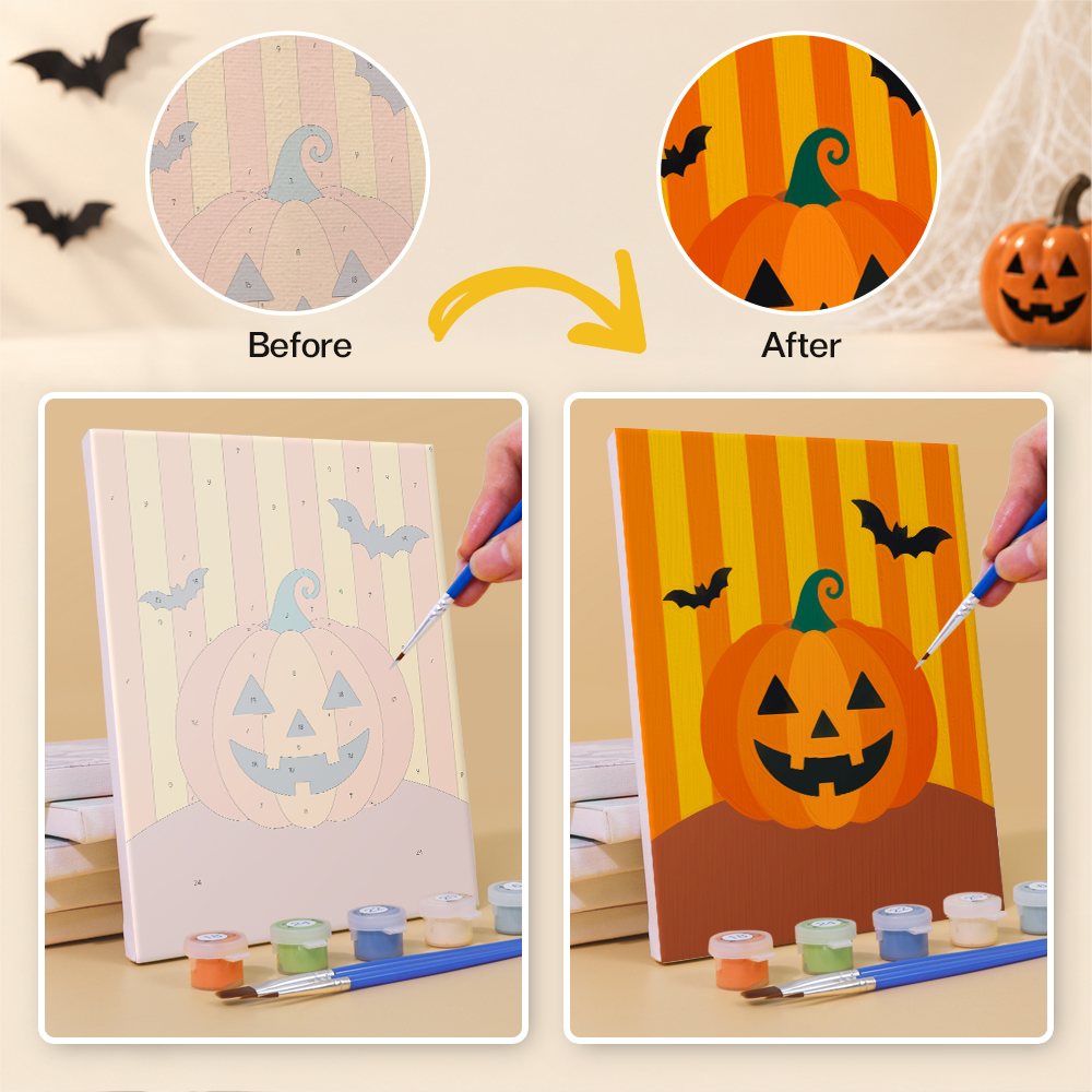 Before and after of a Haunted Night Icons mini paint by numbers canvas