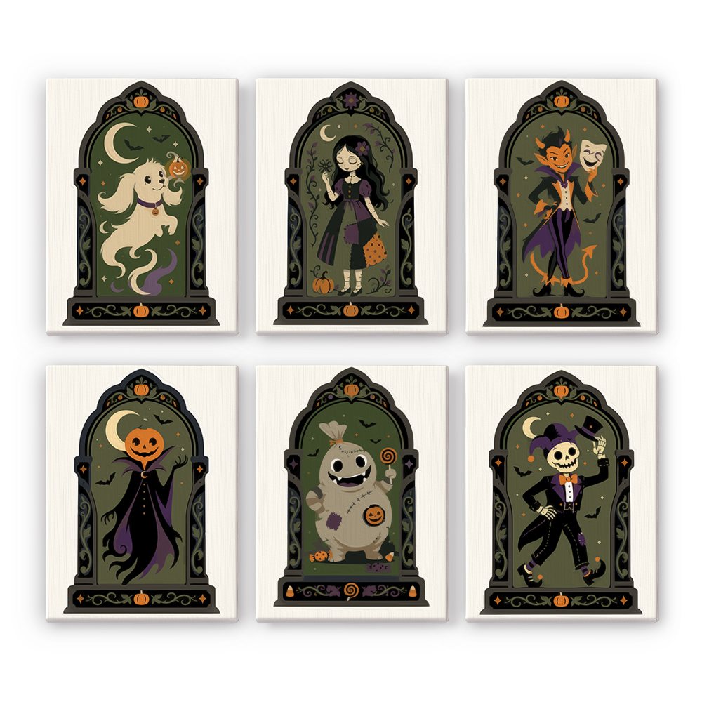 Haunted Portraits mini paint by numbers set: six gothic Halloween characters framed in ornate dark arched windows on cream