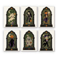 Haunted Portraits mini paint by numbers set: six gothic Halloween characters framed in ornate dark arched windows on cream