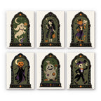 Haunted Portraits mini paint by numbers set: six gothic Halloween characters framed in ornate dark arched windows on cream