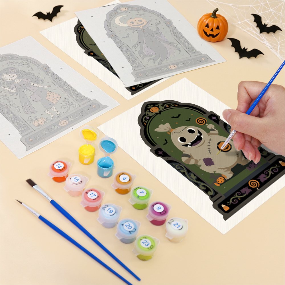 Filling in a Haunted Portraits mini canvas with numbered acrylic paints and a fine brush