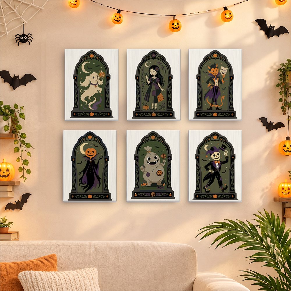 Six finished Haunted Portraits mini paintings hung on a wall above a table