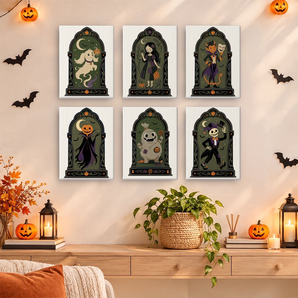 Haunted Portraits mini paintings displayed as a gallery wall in a sunny kitchen
