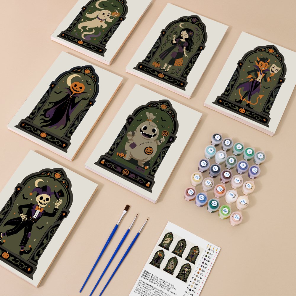 Haunted Portraits mini paint by numbers kit with six numbered canvases, acrylic paints, brushes and layout