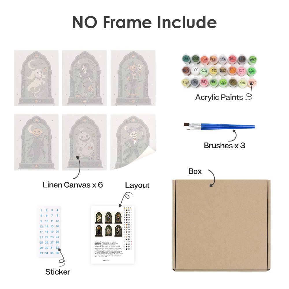What's included without a frame: six rolled Haunted Portraits mini canvases, acrylic paints, three brushes and layout