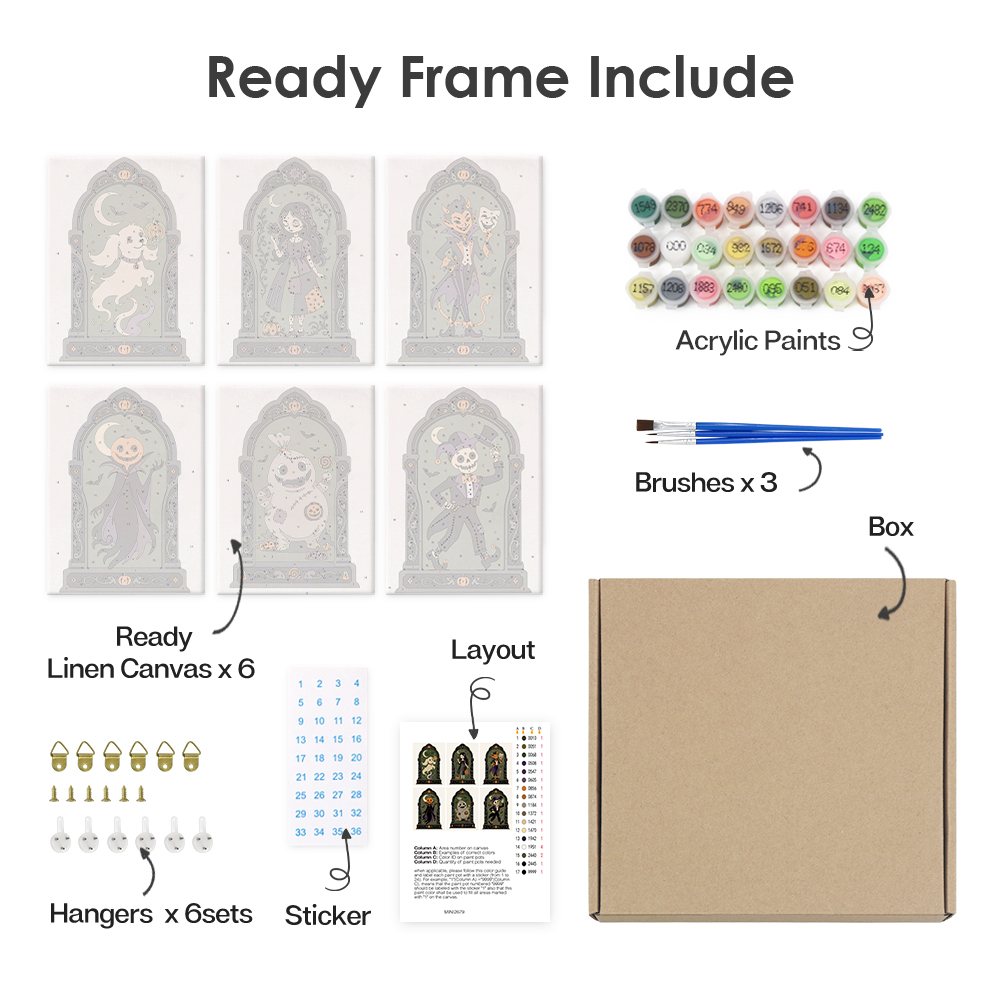 What's included pre-stretched on frame: six framed Haunted Portraits mini canvases, paints, three brushes, hangers and layout
