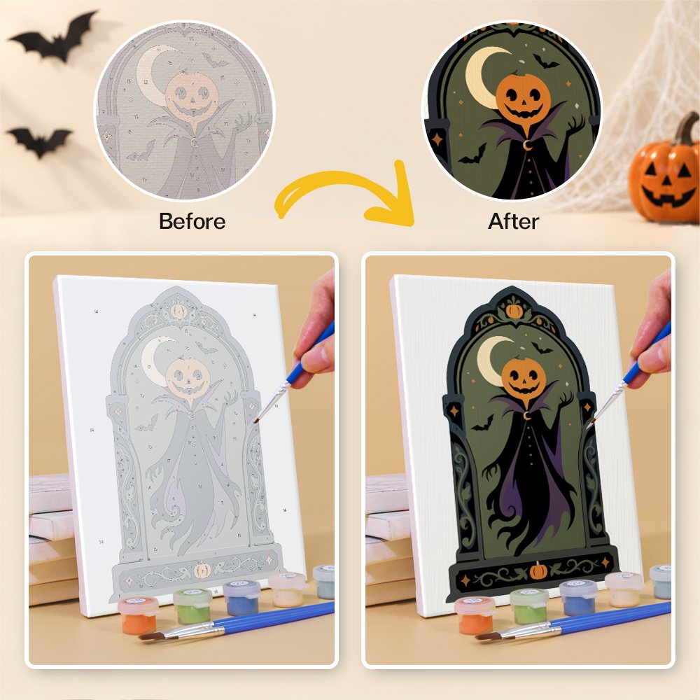 Before and after of a Haunted Portraits mini paint by numbers canvas
